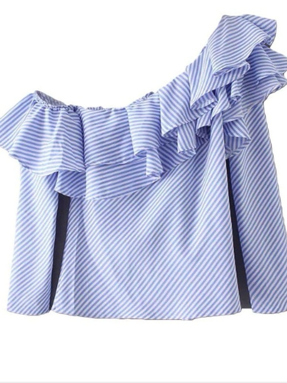 NWT Goodnight Macaroon Blue and White Striped One-Shoulder Ruffle Blouse